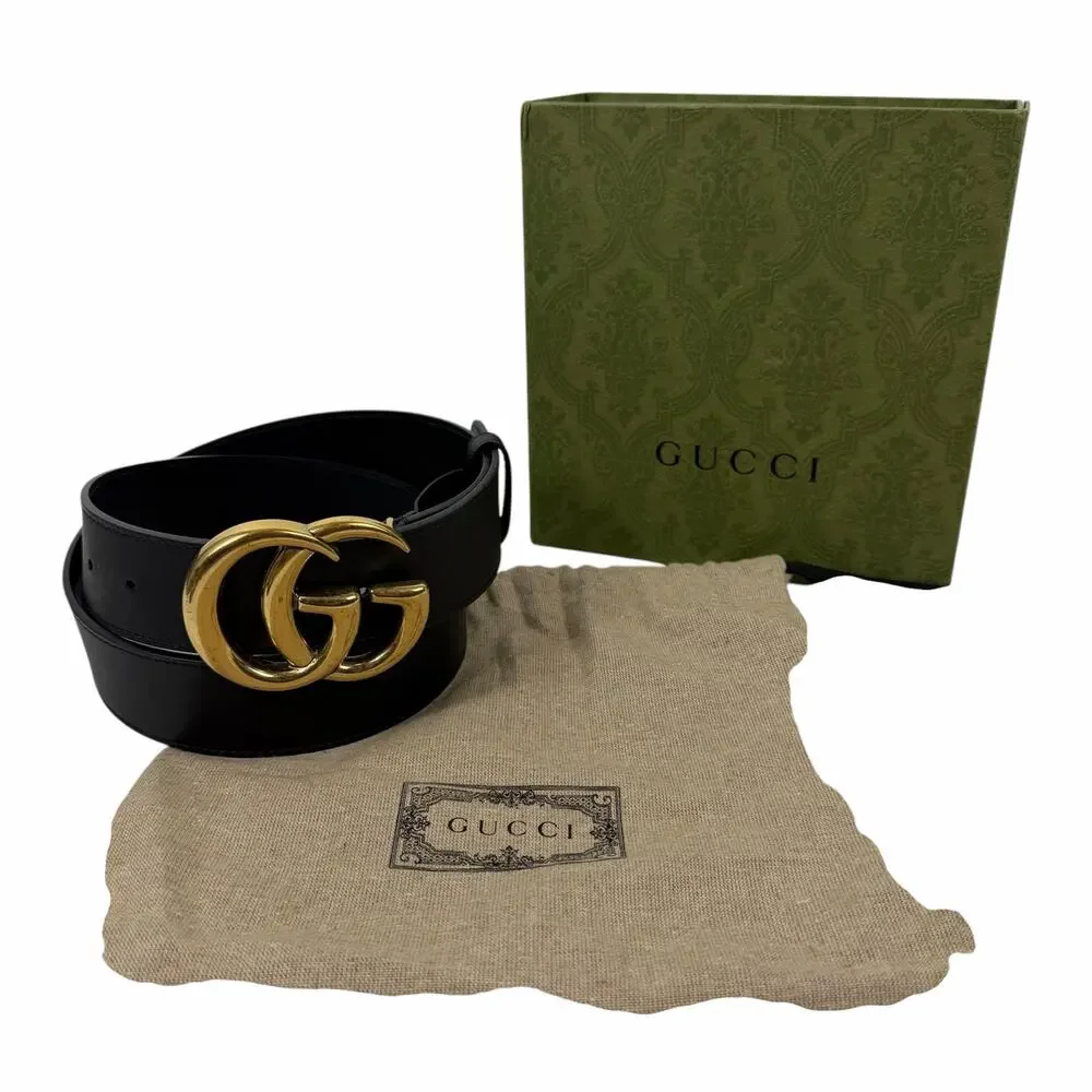 Gucci GG Logo Marmont Wide Leather Belt Black Gold Buckle Size 90/36